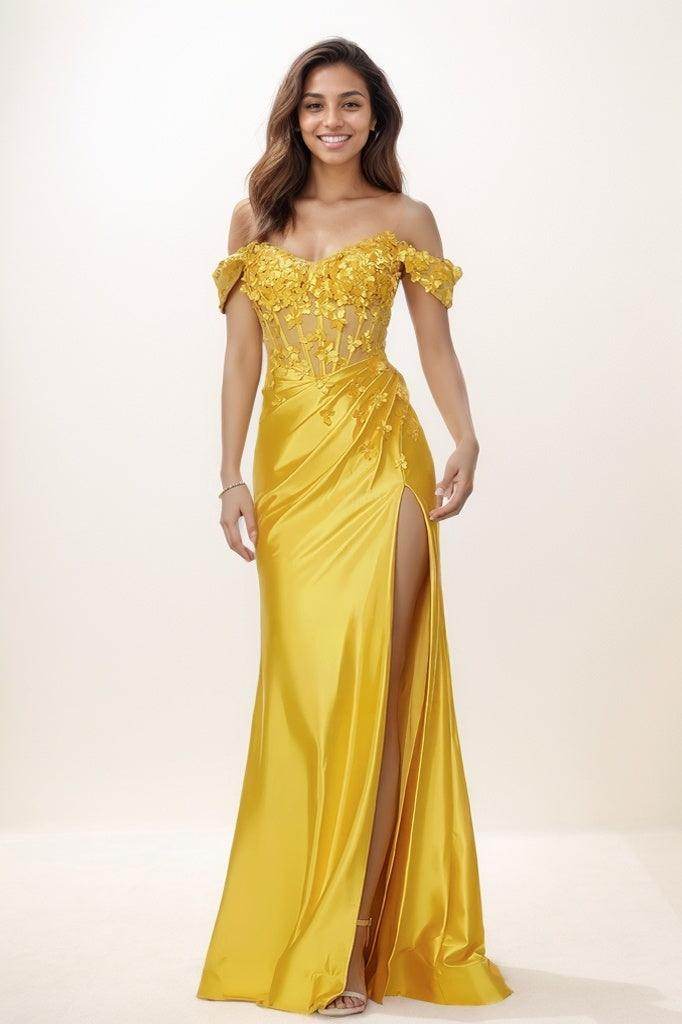 Off-The-Shoulder 3D Floral Charmeuse Prom Dresses CS0792 - COCOMELODY